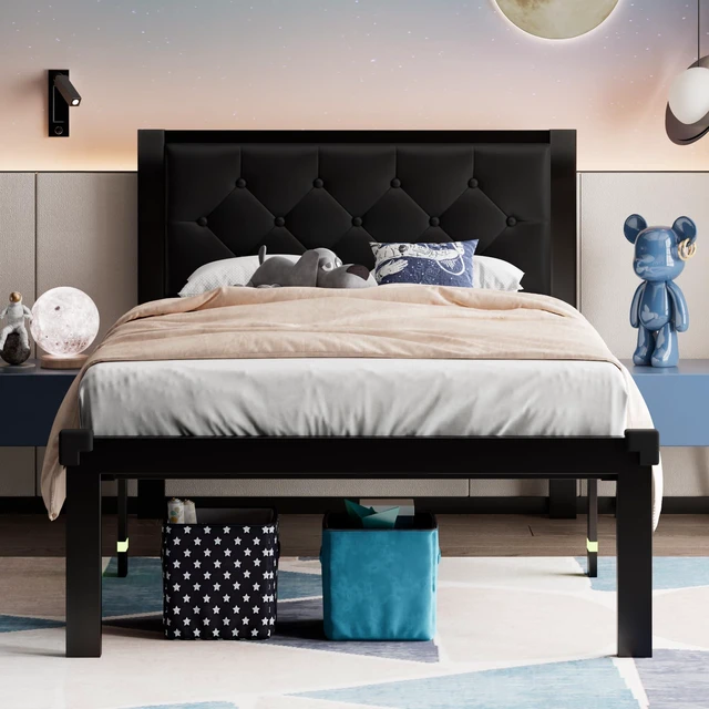 Main image of Twin Size Metal Bed Frame with Faux Leather Button Tufted Headboard, Heavy-Duty Platform Bed Frame with 12" Storage, Steel Slats Support, No Box Spring Needed, Noise Free, Matte Black