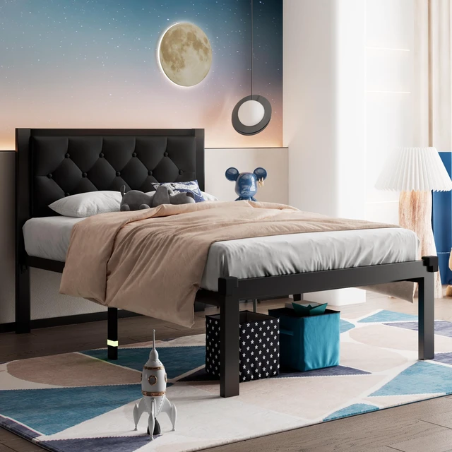 Alt view image 2 of 7 - Twin Size Metal Bed Frame with Faux Leather Button Tufted Headboard, Heavy-Duty Platform Bed Frame with 12" Storage, Steel Slats Support, No Box Spring Needed, Noise Free, Matte Black