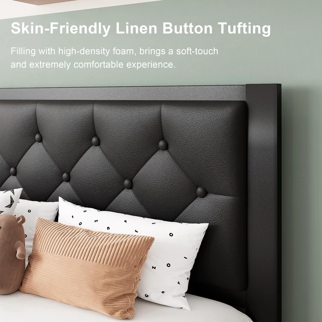 Alt view image 3 of 7 - Twin Size Metal Bed Frame with Faux Leather Button Tufted Headboard, Heavy-Duty Platform Bed Frame with 12" Storage, Steel Slats Support, No Box Spring Needed, Noise Free, Matte Black