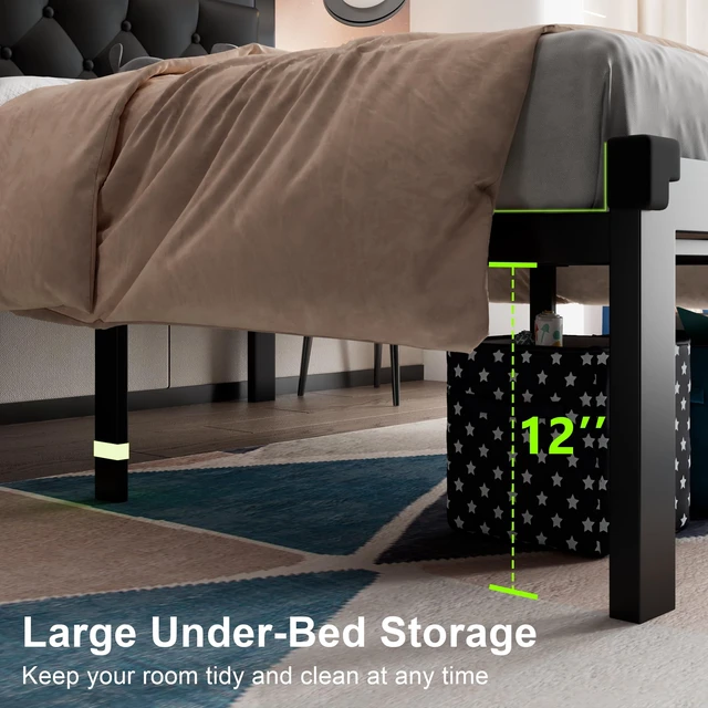 Alt view image 4 of 7 - Twin Size Metal Bed Frame with Faux Leather Button Tufted Headboard, Heavy-Duty Platform Bed Frame with 12" Storage, Steel Slats Support, No Box Spring Needed, Noise Free, Matte Black