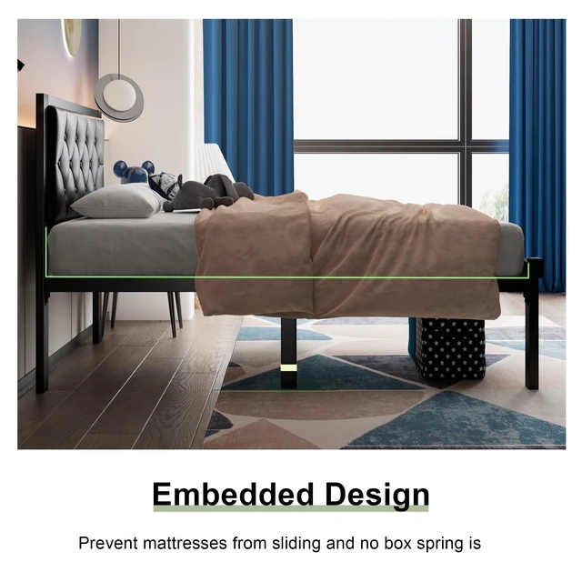 Alt view image 6 of 7 - Twin Size Metal Bed Frame with Faux Leather Button Tufted Headboard, Heavy-Duty Platform Bed Frame with 12" Storage, Steel Slats Support, No Box Spring Needed, Noise Free, Matte Black