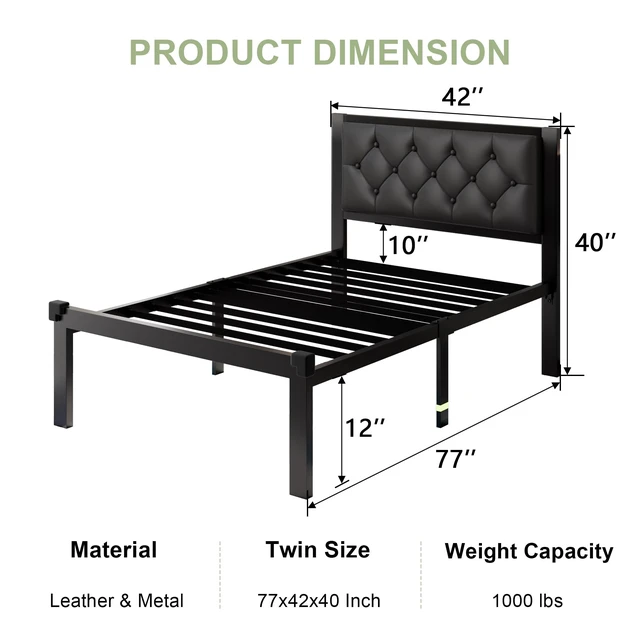 Alt view image 7 of 7 - Twin Size Metal Bed Frame with Faux Leather Button Tufted Headboard, Heavy-Duty Platform Bed Frame with 12" Storage, Steel Slats Support, No Box Spring Needed, Noise Free, Matte Black