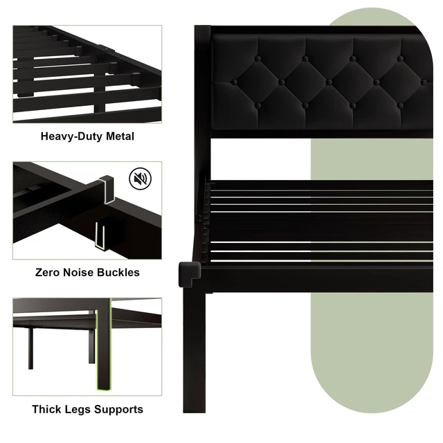 Alt view image 5 of 7 - Twin Size Metal Bed Frame with Faux Leather Button Tufted Headboard, Heavy-Duty Platform Bed Frame with 12" Storage, Steel Slats Support, No Box Spring Needed, Noise Free, Matte Black