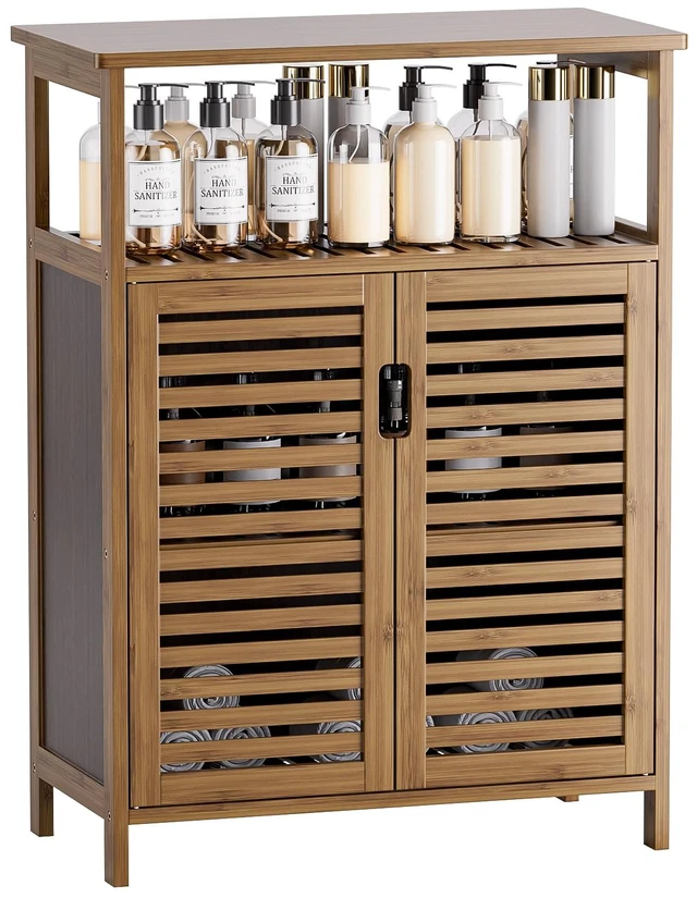 Main image of Bathroom Storage Cabinet, Bamboo Floor Cabinet with Double Doors and Open Shelf, Freestanding Cupboard for Living Room, Kitchen, Entryway, Walnut