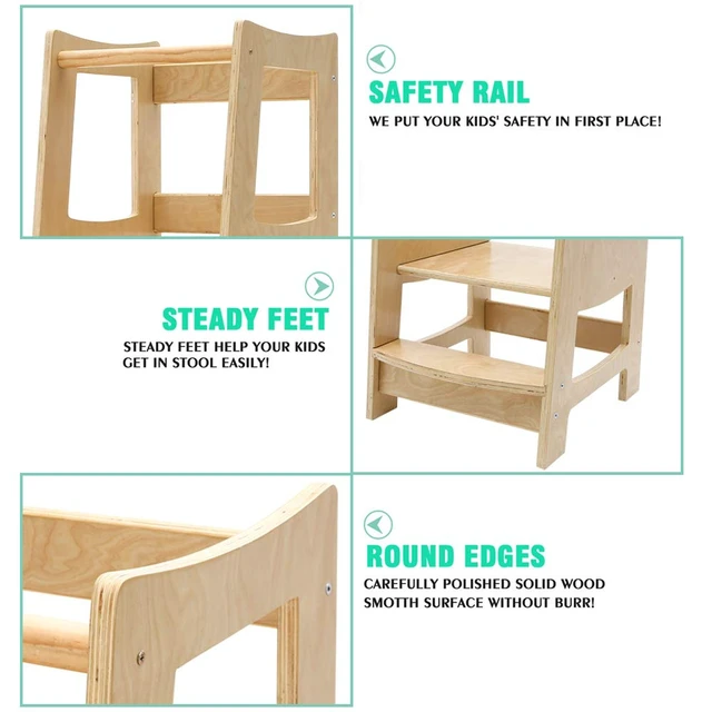 Alt view image 4 of 6 - Toddler Kitchen Step Stool with Safety Rail Kids Wooden Standing Tower for Kitchen Counter and Bathroom Sink, 3 Heights Adjustable Step Up Stool Mothers' Helper, Solid Wood Construction, Natural