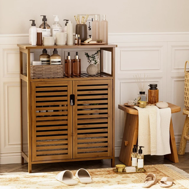 Alt view image 2 of 7 - Bathroom Storage Cabinet, Bamboo Floor Cabinet with Double Doors and Open Shelf, Freestanding Cupboard for Living Room, Kitchen, Entryway, Walnut