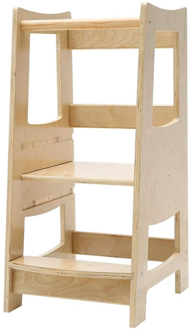 Main image of Toddler Kitchen Step Stool with Safety Rail Kids Wooden Standing Tower for Kitchen Counter and Bathroom Sink, 3 Heights Adjustable Step Up Stool Mothers' Helper, Solid Wood Construction, Natural