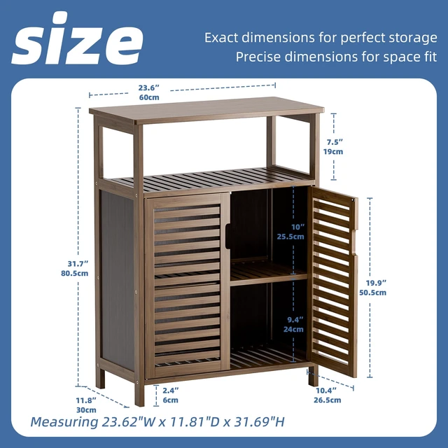 Alt view image 3 of 7 - Bathroom Storage Cabinet, Bamboo Floor Cabinet with Double Doors and Open Shelf, Freestanding Cupboard for Living Room, Kitchen, Entryway, Walnut