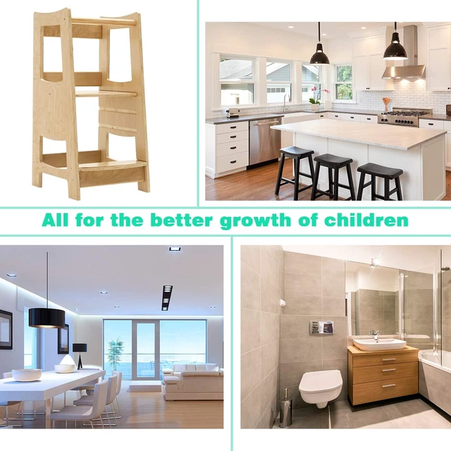 Alt view image 6 of 6 - Toddler Kitchen Step Stool with Safety Rail Kids Wooden Standing Tower for Kitchen Counter and Bathroom Sink, 3 Heights Adjustable Step Up Stool Mothers' Helper, Solid Wood Construction, Natural
