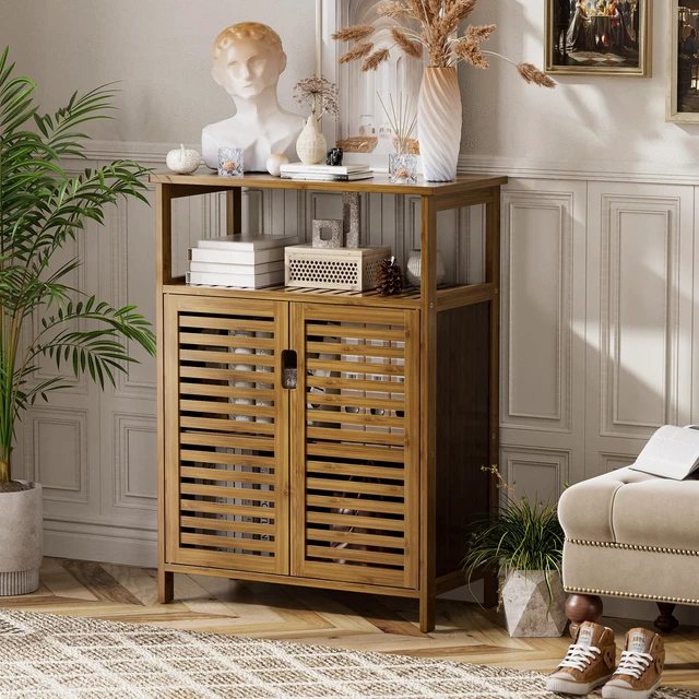Alt view image 4 of 7 - Bathroom Storage Cabinet, Bamboo Floor Cabinet with Double Doors and Open Shelf, Freestanding Cupboard for Living Room, Kitchen, Entryway, Walnut