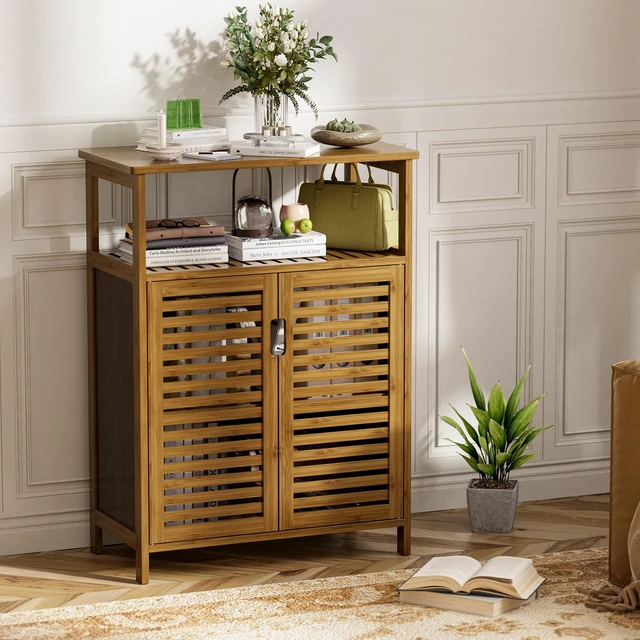 Alt view image 5 of 7 - Bathroom Storage Cabinet, Bamboo Floor Cabinet with Double Doors and Open Shelf, Freestanding Cupboard for Living Room, Kitchen, Entryway, Walnut