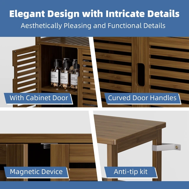 Alt view image 6 of 7 - Bathroom Storage Cabinet, Bamboo Floor Cabinet with Double Doors and Open Shelf, Freestanding Cupboard for Living Room, Kitchen, Entryway, Walnut
