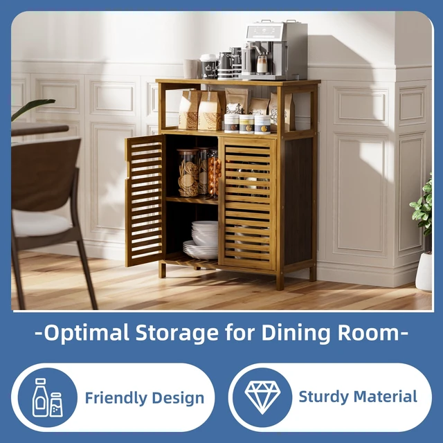Alt view image 7 of 7 - Bathroom Storage Cabinet, Bamboo Floor Cabinet with Double Doors and Open Shelf, Freestanding Cupboard for Living Room, Kitchen, Entryway, Walnut