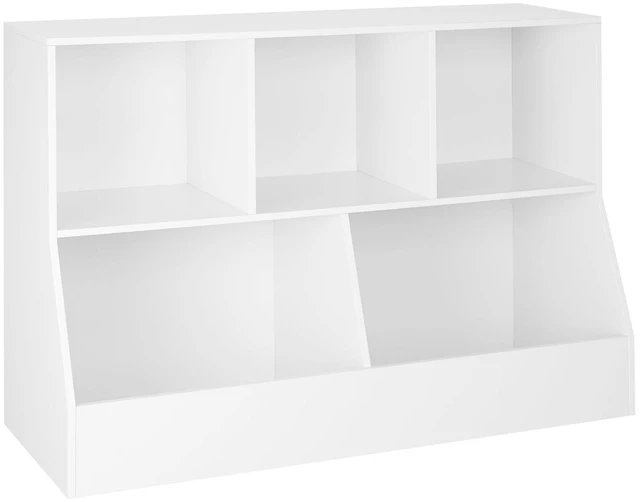 Main image of Toy Storage Organizer, Kids Cubby Cabinet with Bookshelf, 5-Cube | Wood Toy Book Shelf, Anti-Tip Structure, Easy Assembly, 2-Tier 43.3"L Bookcase, Multi-bins Chest, Playroom/Classroom, White