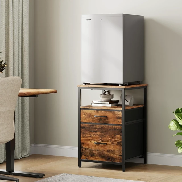 Alt view image 5 of 6 - Mini Fridge Stand, Small Refrigerator Stand with 3 Storage | Stand for Mini Fridge, 18.11" L* 18.11" W Tabletop, Fabric Drawer for Kitchen,Dorm,Office,Bedroom Rustic Brown HB03BXN