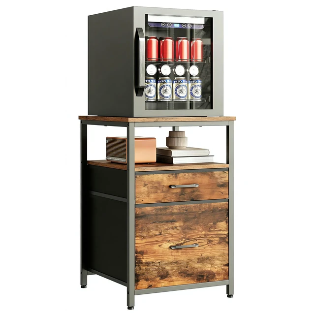 Alt view image 6 of 6 - Mini Fridge Stand, Small Refrigerator Stand with 3 Storage | Stand for Mini Fridge, 18.11" L* 18.11" W Tabletop, Fabric Drawer for Kitchen,Dorm,Office,Bedroom Rustic Brown HB03BXN