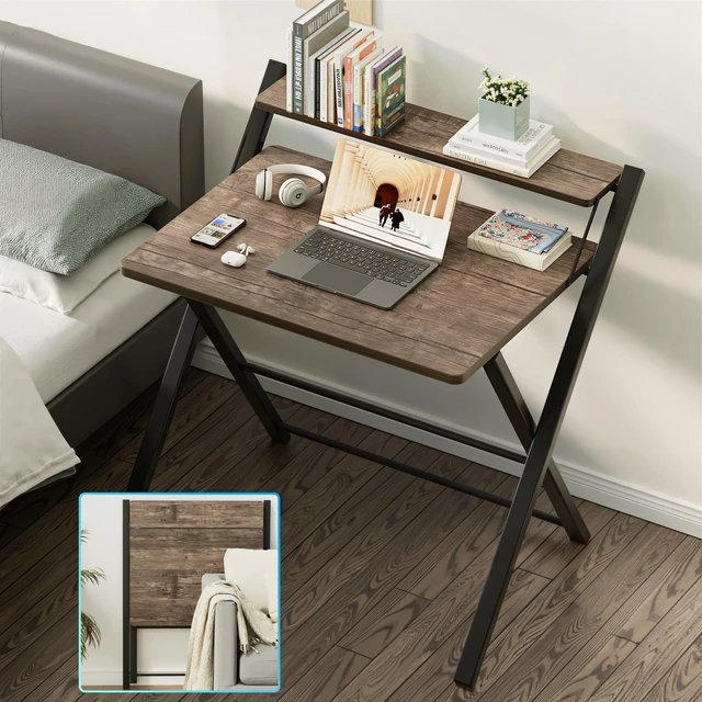 Alt view image 6 of 6 - No Assembly Folding Desk, 2-Tier Compact Computer Desk with Shelf, 30 inch Space Saving Foldable Table for Home Office, Dorm or Apartment, Portable Collapsible Sturdy Laptop Desk, Brown