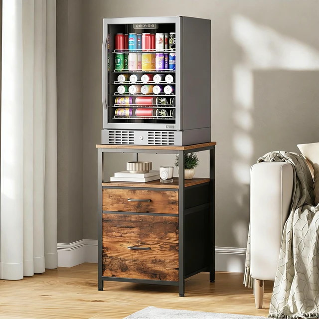 Alt view image 4 of 6 - Mini Fridge Stand, Small Refrigerator Stand with 3 Storage | Stand for Mini Fridge, 18.11" L* 18.11" W Tabletop, Fabric Drawer for Kitchen,Dorm,Office,Bedroom Rustic Brown HB03BXN