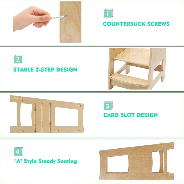 Alt view image 5 of 6 - Toddler Kitchen Step Stool with Safety Rail Kids Wooden Standing Tower for Kitchen Counter and Bathroom Sink, 3 Heights Adjustable Step Up Stool Mothers' Helper, Solid Wood Construction, Natural