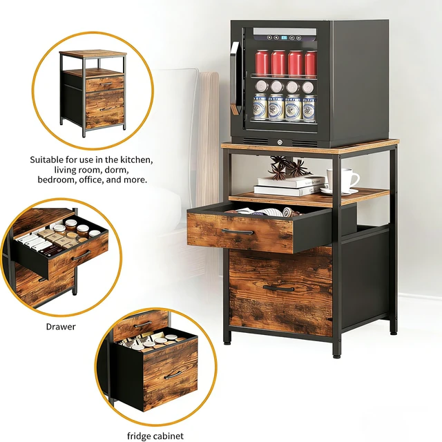 Alt view image 2 of 6 - Mini Fridge Stand, Small Refrigerator Stand with 3 Storage | Stand for Mini Fridge, 18.11" L* 18.11" W Tabletop, Fabric Drawer for Kitchen,Dorm,Office,Bedroom Rustic Brown HB03BXN