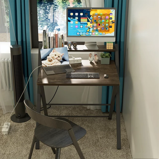 Alt view image 5 of 6 - No Assembly Folding Desk, 2-Tier Compact Computer Desk with Shelf, 30 inch Space Saving Foldable Table for Home Office, Dorm or Apartment, Portable Collapsible Sturdy Laptop Desk, Brown