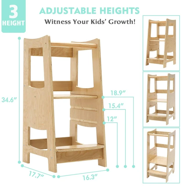 Alt view image 2 of 6 - Toddler Kitchen Step Stool with Safety Rail Kids Wooden Standing Tower for Kitchen Counter and Bathroom Sink, 3 Heights Adjustable Step Up Stool Mothers' Helper, Solid Wood Construction, Natural