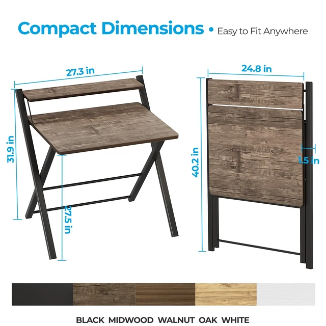 Alt view image 2 of 6 - No Assembly Folding Desk, 2-Tier Compact Computer Desk with Shelf, 30 inch Space Saving Foldable Table for Home Office, Dorm or Apartment, Portable Collapsible Sturdy Laptop Desk, Brown