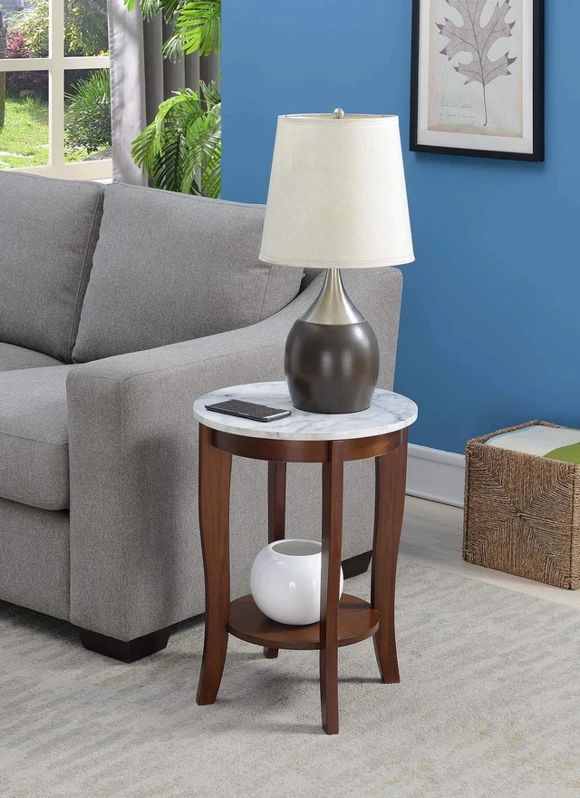 Alt view image 2 of 5 - American Heritage Round End Table, White Faux Marble / Espresso