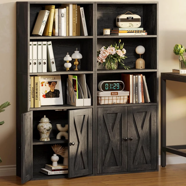 Alt view image 3 of 7 - Industrial Bookshelves and Bookcases with Doors and Shelves | 11.8in Deeper engineered-wood, concealed storage, anti-tip bracket, each shelf supports up to 22 lbs, 5-Tier Storage Shelves
