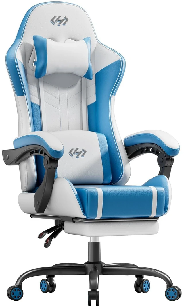 Main image of High Back Gaming Chair, USB Massage Lumbar Support, White&Blue | PU Leather & Pocket Spring Seat Cushion, Footrest, 90°-135° recline, 330 lb capacity, for adult gaming, work & relaxing