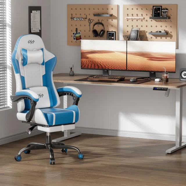 Alt view image 2 of 5 - High Back Gaming Chair, USB Massage Lumbar Support, White&Blue | PU Leather & Pocket Spring Seat Cushion, Footrest, 90°-135° recline, 330 lb capacity, for adult gaming, work & relaxing