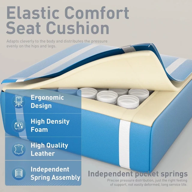 Alt view image 5 of 5 - High Back Gaming Chair, USB Massage Lumbar Support, White&Blue | PU Leather & Pocket Spring Seat Cushion, Footrest, 90°-135° recline, 330 lb capacity, for adult gaming, work & relaxing