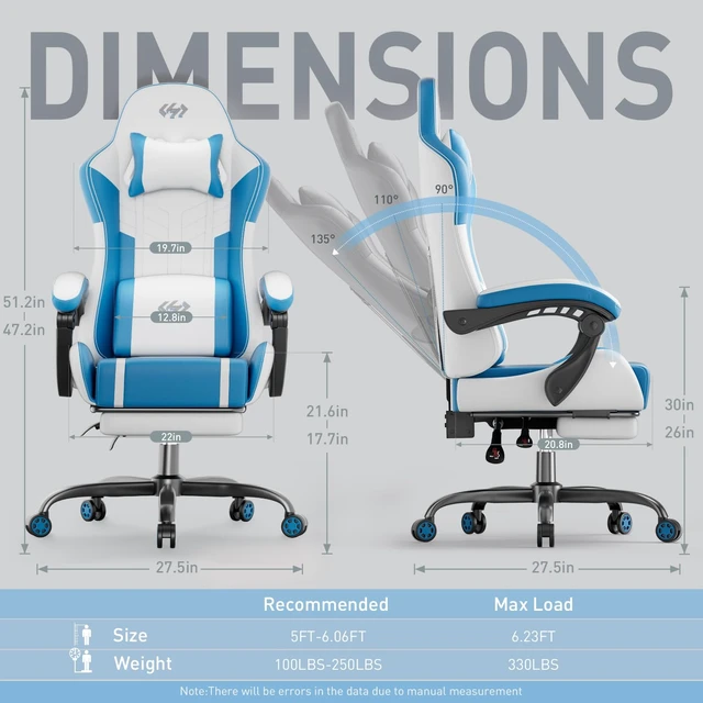 Alt view image 3 of 5 - High Back Gaming Chair, USB Massage Lumbar Support, White&Blue | PU Leather & Pocket Spring Seat Cushion, Footrest, 90°-135° recline, 330 lb capacity, for adult gaming, work & relaxing