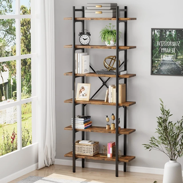 Main image of 6 Tiers Bookshelf Organizer Industrial Tall Shelving, Modern Open Bookcase | Brown