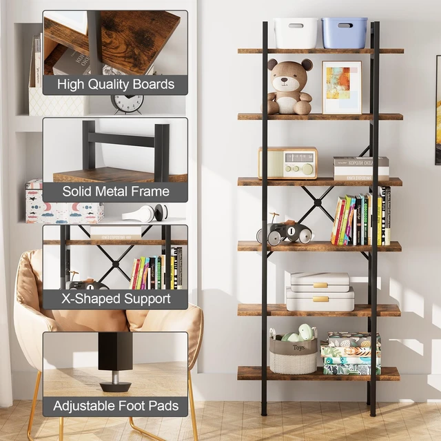 Alt view image 5 of 7 - 6 Tiers Bookshelf Organizer Industrial Tall Shelving, Modern Open Bookcase | Brown
