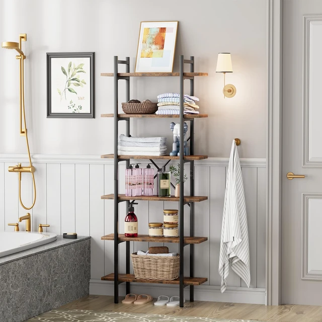 Alt view image 6 of 7 - 6 Tiers Bookshelf Organizer Industrial Tall Shelving, Modern Open Bookcase | Brown