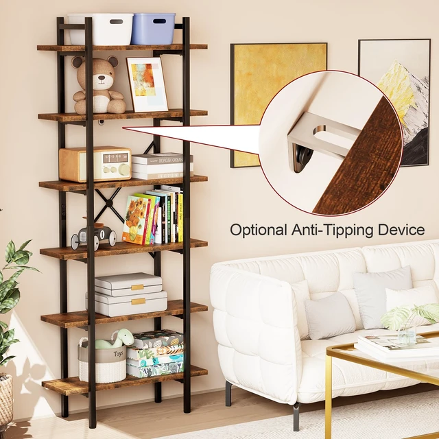 Alt view image 7 of 7 - 6 Tiers Bookshelf Organizer Industrial Tall Shelving, Modern Open Bookcase | Brown