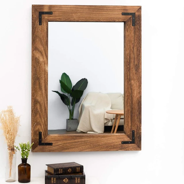 Alt view image 4 of 7 - Rustic Wooden Framed Wall Mirror, Natural Wood Bathroom Vanity Mirror for Farmhouse Decor, Vertical or Horizontal Hanging (26" x 18", Brown)