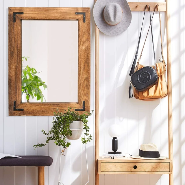 Alt view image 5 of 7 - Rustic Wooden Framed Wall Mirror, Natural Wood Bathroom Vanity Mirror for Farmhouse Decor, Vertical or Horizontal Hanging (26" x 18", Brown)