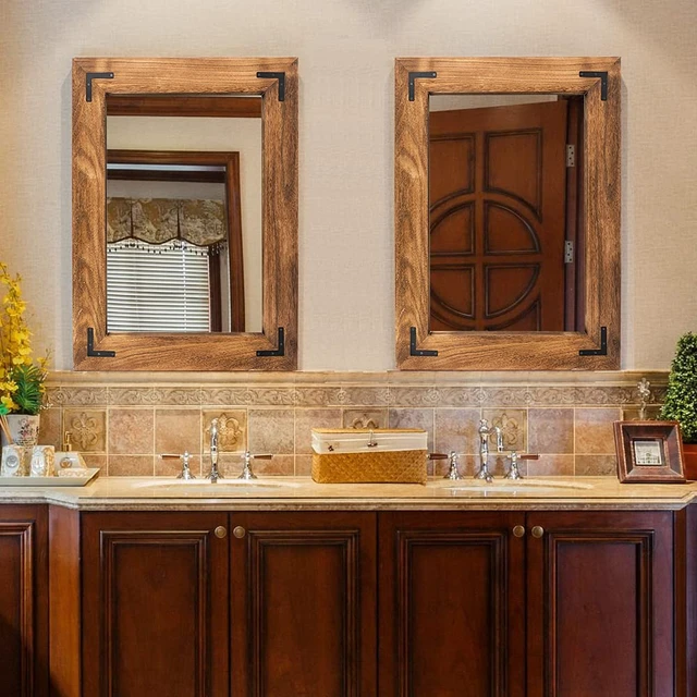Alt view image 6 of 7 - Rustic Wooden Framed Wall Mirror, Natural Wood Bathroom Vanity Mirror for Farmhouse Decor, Vertical or Horizontal Hanging (26" x 18", Brown)