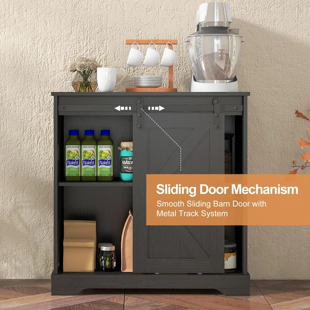 Alt view image 2 of 7 - Sliding Barn Door Buffet Sideboard Storage Cabinet Coffee Bar Kitchen Farmhouse Style (Black)