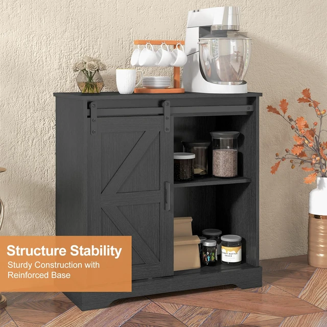 Alt view image 3 of 7 - Sliding Barn Door Buffet Sideboard Storage Cabinet Coffee Bar Kitchen Farmhouse Style (Black)