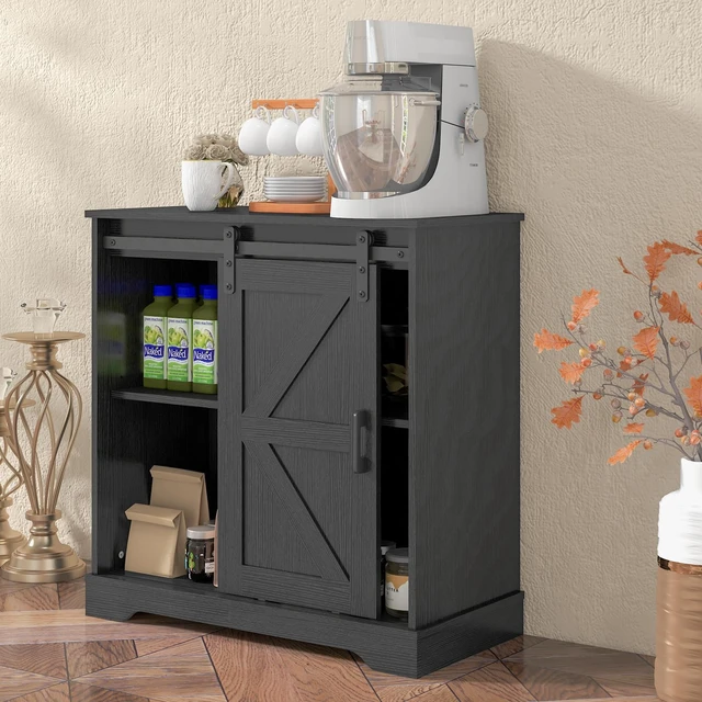 Alt view image 4 of 7 - Sliding Barn Door Buffet Sideboard Storage Cabinet Coffee Bar Kitchen Farmhouse Style (Black)