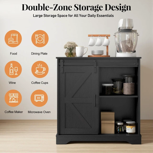 Alt view image 5 of 7 - Sliding Barn Door Buffet Sideboard Storage Cabinet Coffee Bar Kitchen Farmhouse Style (Black)