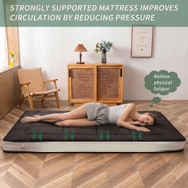 Alt view image 6 of 7 - Futon Mattress, Japanese Floor Mattress Full Size Tatami Mat | Folding Sleeping Pad with Cover and Storage Bag, Breathable Floor Lounger Guest Bed, Extra Thick Camping Couch, Black