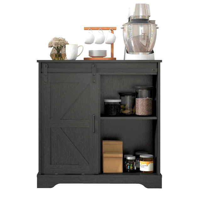 Alt view image 7 of 7 - Sliding Barn Door Buffet Sideboard Storage Cabinet Coffee Bar Kitchen Farmhouse Style (Black)