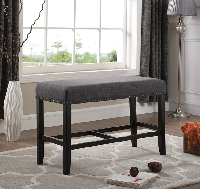 Alt view image 2 of 6 - Biony Fabric Counter Height Dining Bench with Nailhead Trim, Grey
