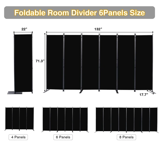 Alt view image 2 of 7 - Room Divider, 6 Panel Folding Privacy Screens with Wider Feet, Black | 132" W X 71" H Room Divider Panel, Stable Frame Structure, Flexible Space Separator, Portable wall divider for Room Partition