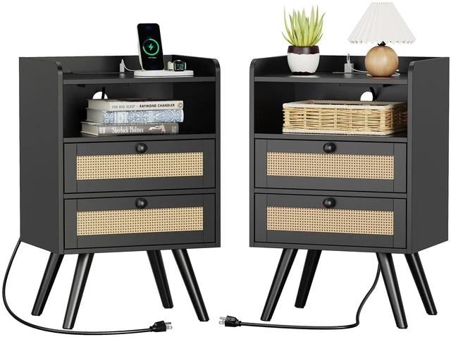 Main image of Night Stand with Charger Station, Boho Rattan Nightstand Set of 2 | 25.2 Inch Tall Bed Side Table with 2 Drawer &Solid Wood Feet, End Table, Open Storage, Synthetic Rattan for Bedroom, Black