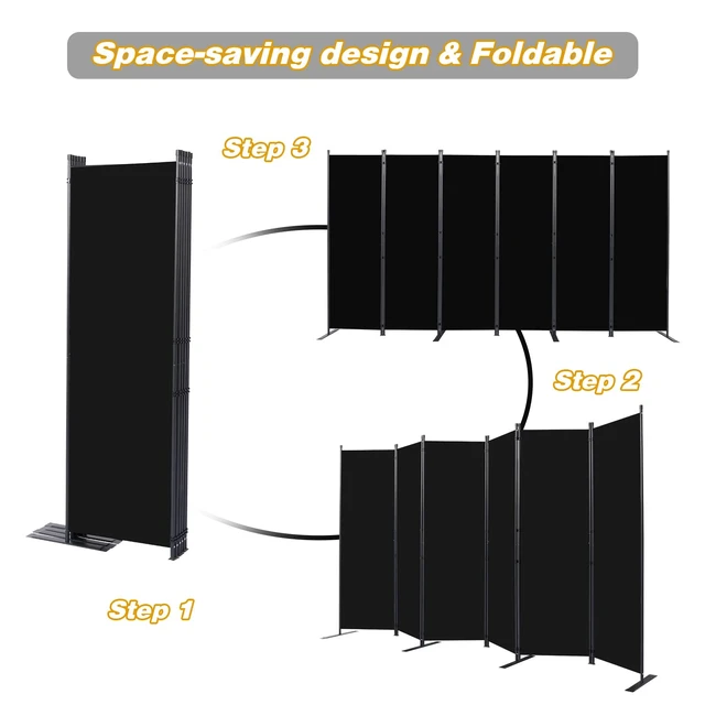 Alt view image 5 of 7 - Room Divider, 6 Panel Folding Privacy Screens with Wider Feet, Black | 132" W X 71" H Room Divider Panel, Stable Frame Structure, Flexible Space Separator, Portable wall divider for Room Partition